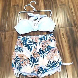 New 2Pc Tropical Print Set Twist Wireless Bra & High Waisted Shorts